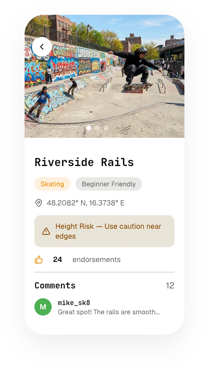 Spot detail screen with location info and community comments
