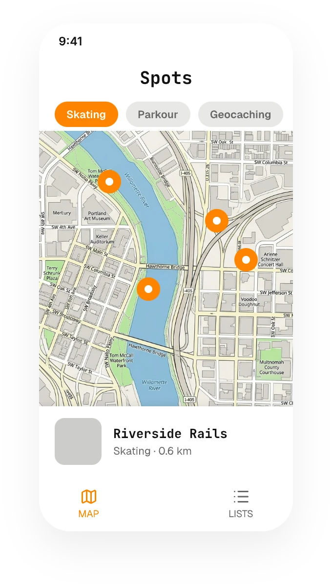 Spots map screen showing outdoor activity locations