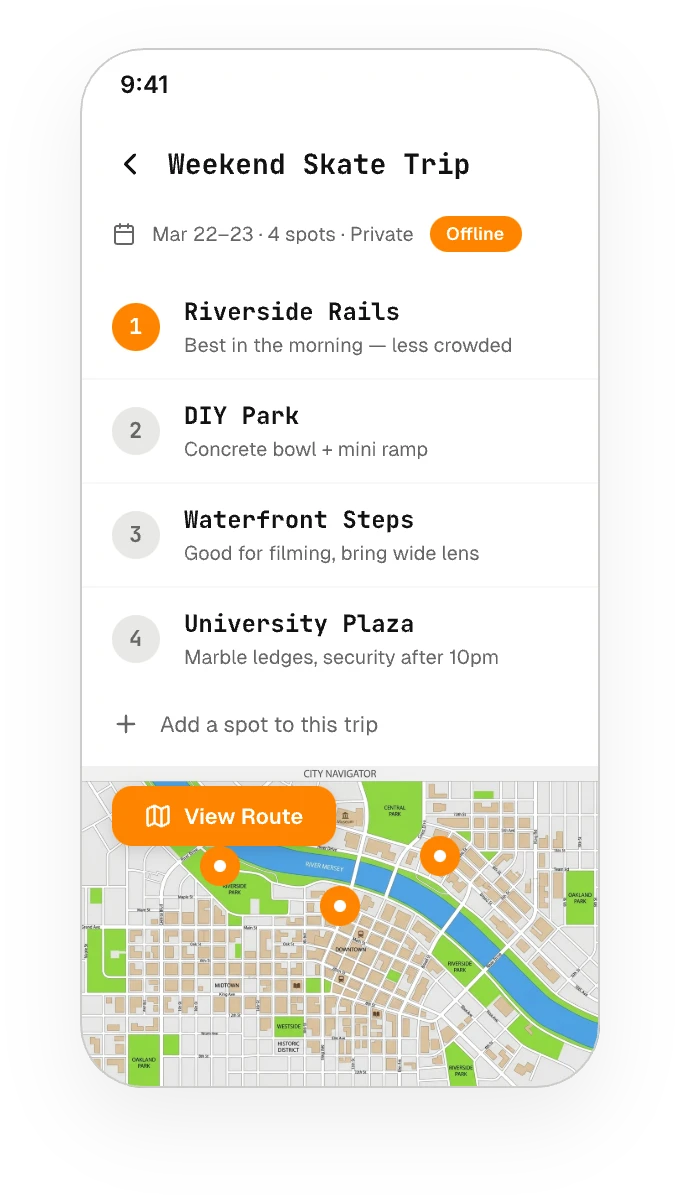 Trip planning screen with itinerary and route map